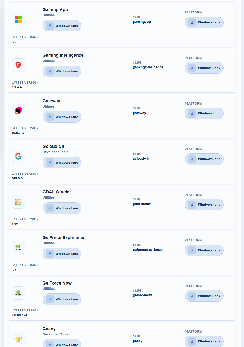Application Catalog list view