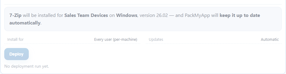 Review step: one-sentence summary plus settings recap above the Deploy button