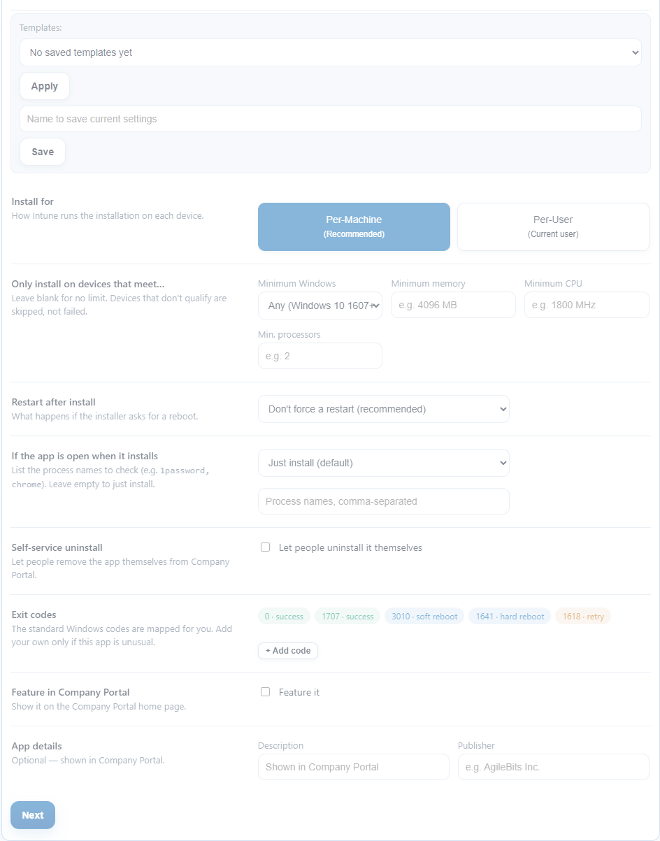 Settings step: install-for, device requirements, restart, conflict handling, exit codes, Company Portal, app details
