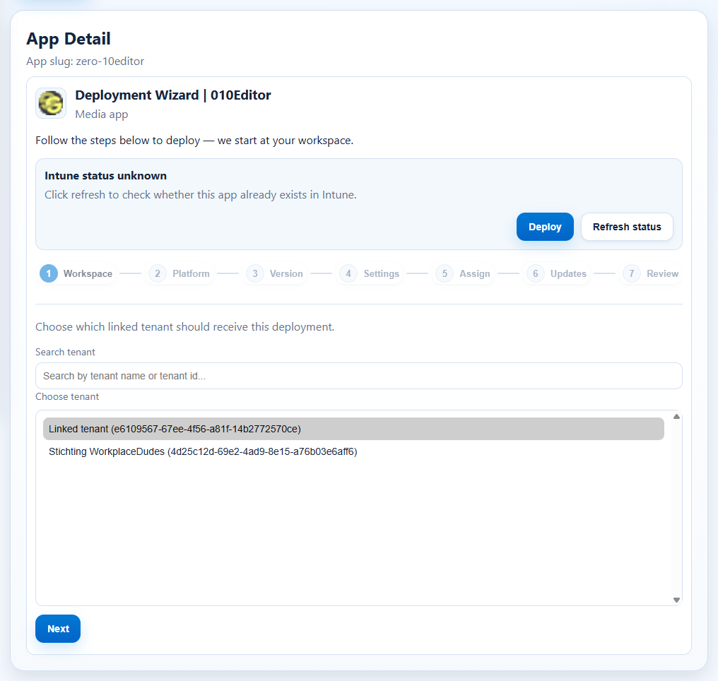 Deployment wizard with progress stepper, starting at the Workspace step
