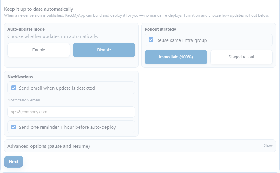 Updates step: auto-update mode, rollout strategy, notifications